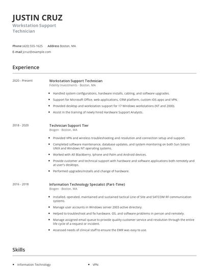Workstation Support Technician Resume