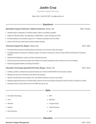 Workstation Support Technician Resume