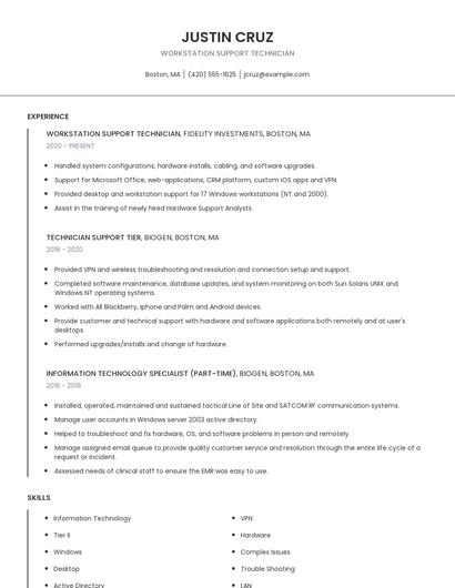 Workstation Support Technician Resume