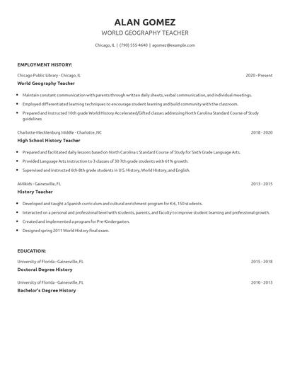 World Geography Teacher Resume