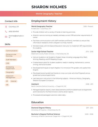 World Geography Teacher Resume