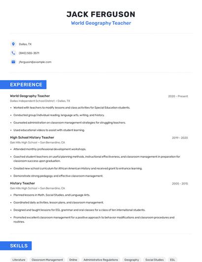 World Geography Teacher Resume