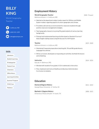 World Geography Teacher Resume