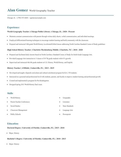 World Geography Teacher Resume