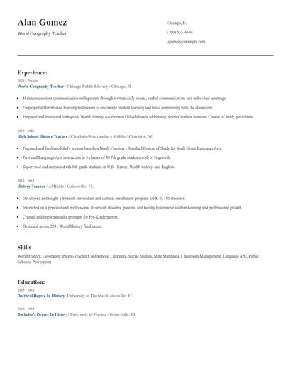 World Geography Teacher Resume