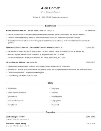 World Geography Teacher Resume