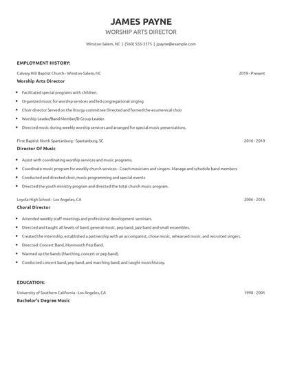 Worship Arts Director Resume