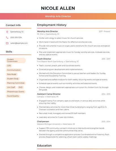 Worship Arts Director Resume