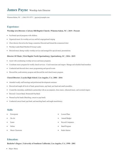 Worship Arts Director Resume