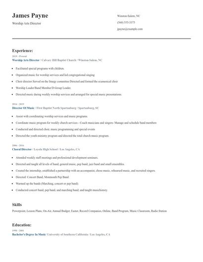 Worship Arts Director Resume