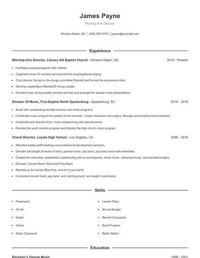 Worship Arts Director Resume