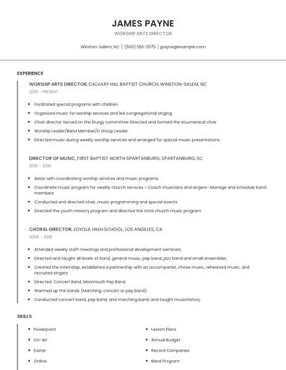 Worship Arts Director Resume