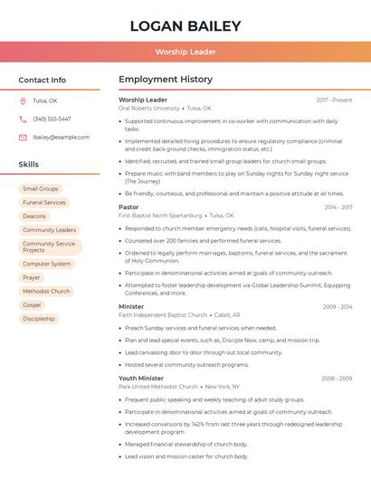 Worship Leader Resume