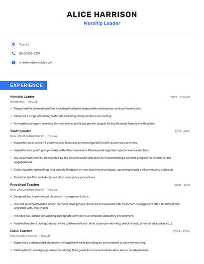 Worship Leader Resume