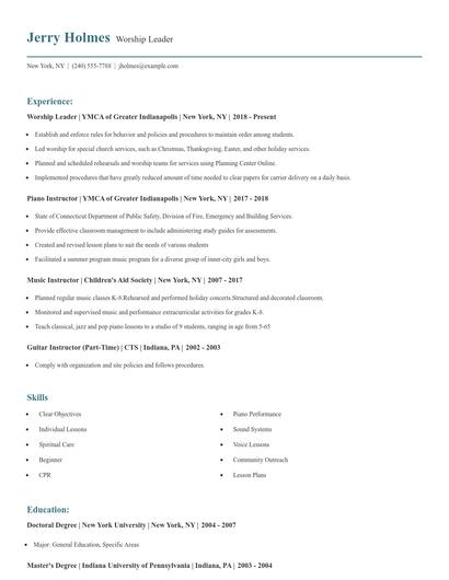 Worship Leader Resume