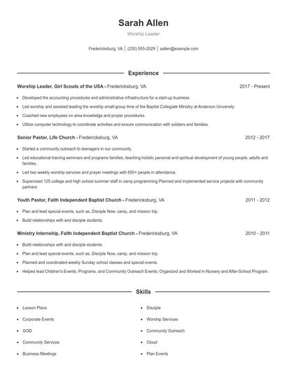 Worship Leader Resume
