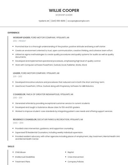 Worship Leader Resume