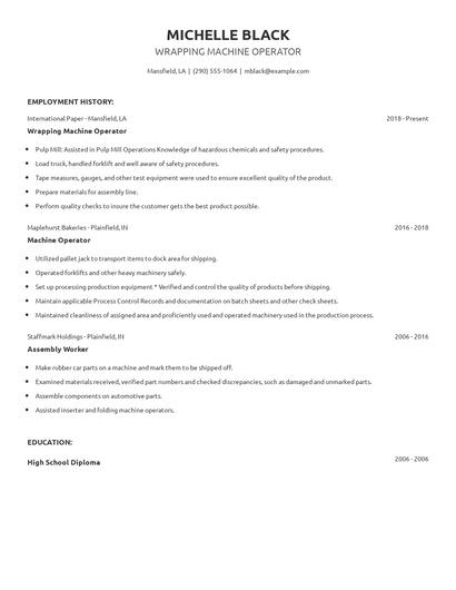 Wrapping Machine Operator Resume