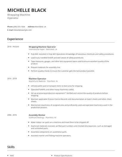 Wrapping Machine Operator Resume