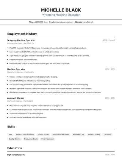 Wrapping Machine Operator Resume