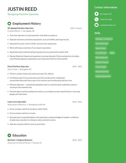 Wrapping Machine Operator Resume