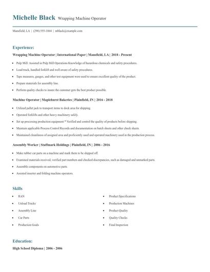 Wrapping Machine Operator Resume