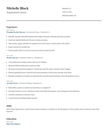 Wrapping Machine Operator Resume