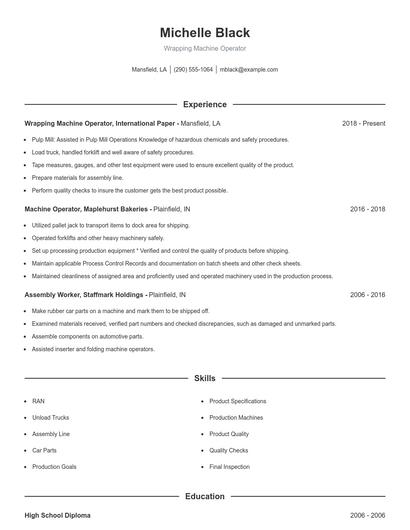 Wrapping Machine Operator Resume