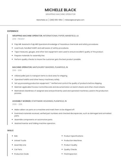 Wrapping Machine Operator Resume