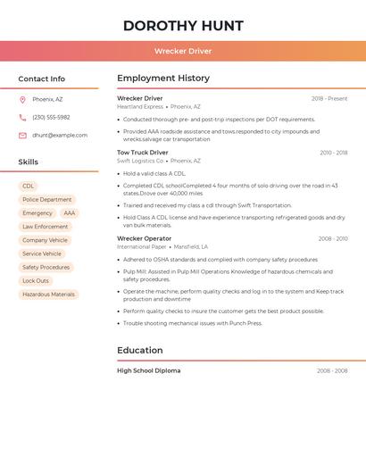Wrecker Driver Resume