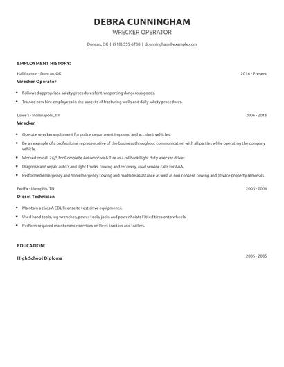 Wrecker Operator Resume