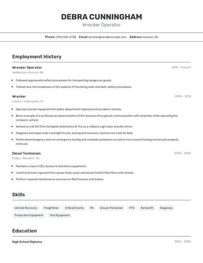 Wrecker Operator Resume