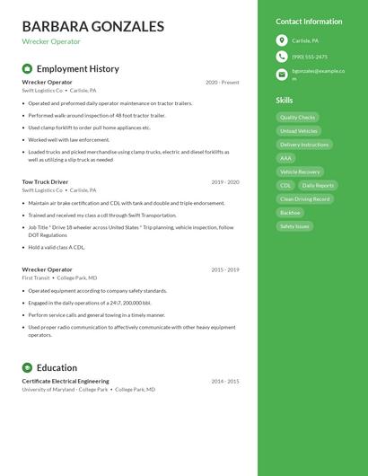 Wrecker Operator Resume