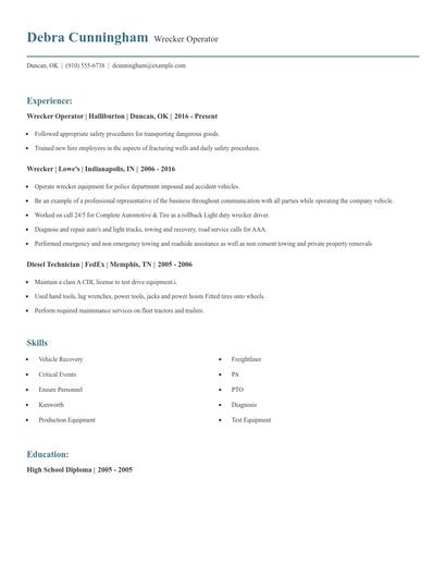 Wrecker Operator Resume