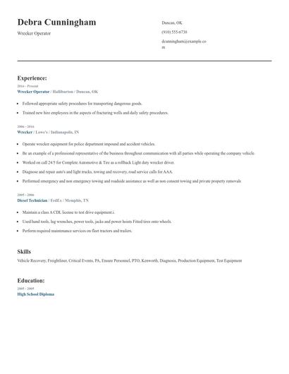 Wrecker Operator Resume