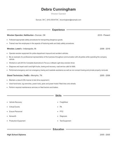 Wrecker Operator Resume