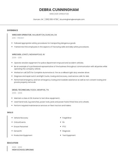 Wrecker Operator Resume