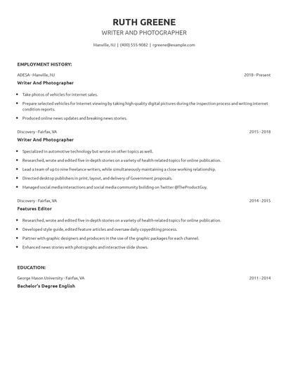 Writer And Photographer Resume