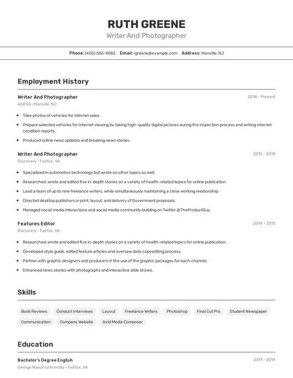Writer And Photographer Resume