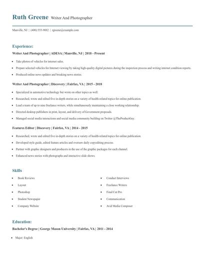 Writer And Photographer Resume