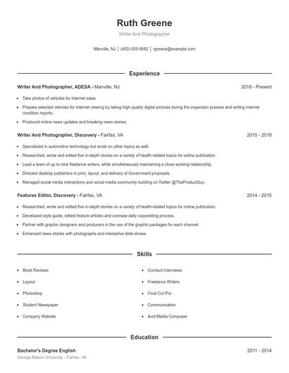 Writer And Photographer Resume