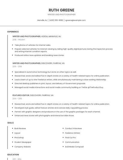 Writer And Photographer Resume