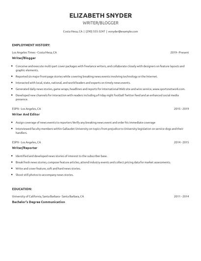 Writer/Blogger Resume