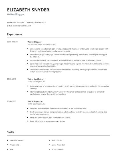 Writer/Blogger Resume