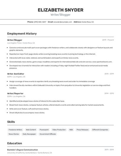 Writer/Blogger Resume