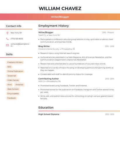 Writer/Blogger Resume