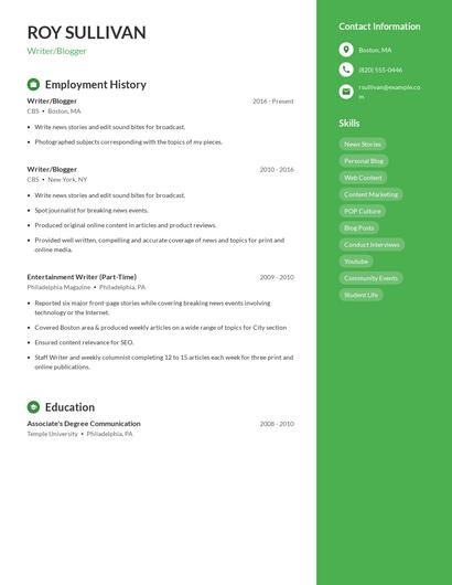 Writer/Blogger Resume