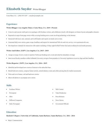 Writer/Blogger Resume