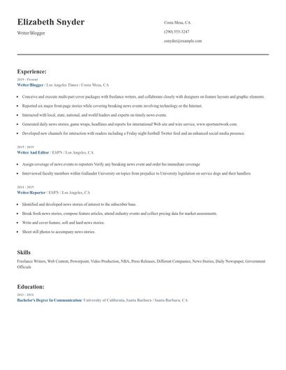 Writer/Blogger Resume