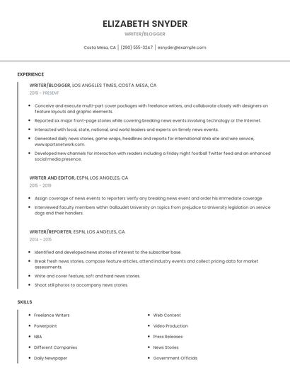 Writer/Blogger Resume